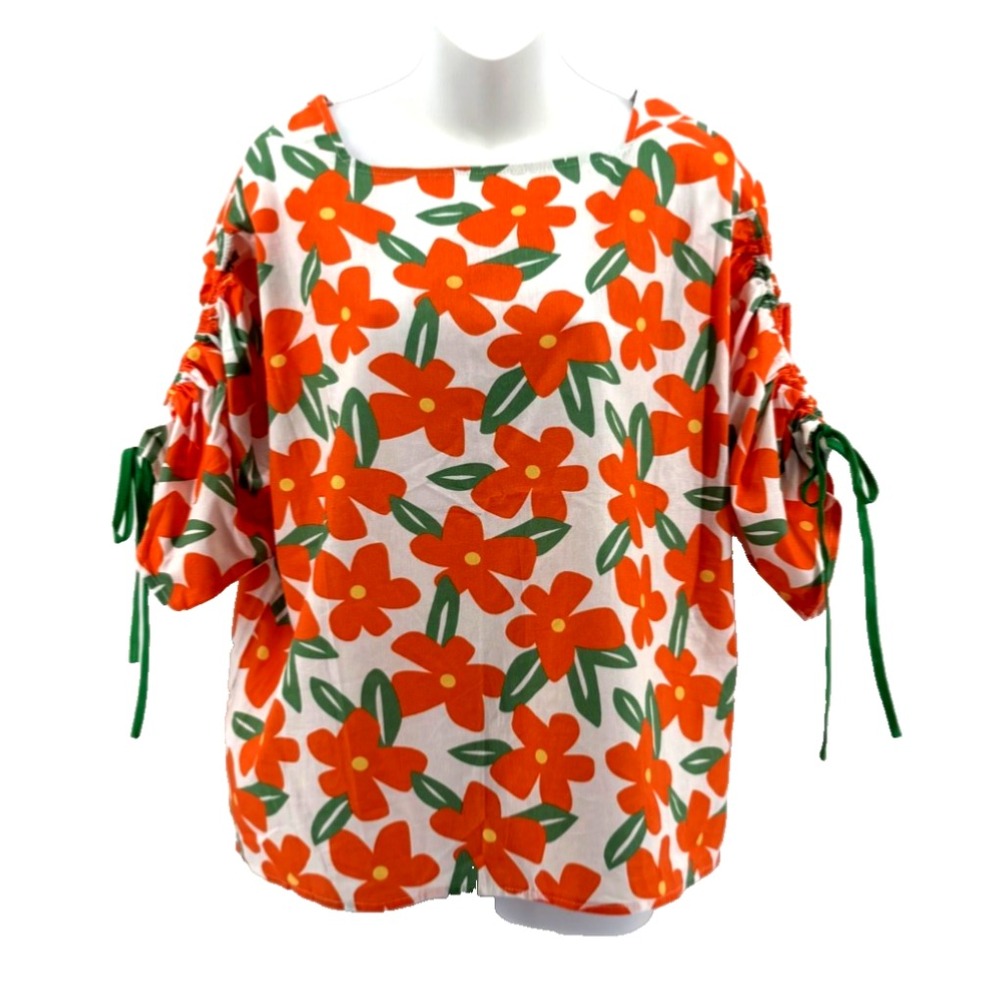 Easel Floral Blouse Orange Green Retro Puff Sleeve, Tie Top Women Size L NWT